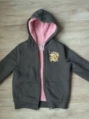 The Children’s Place Girls Gray Sherpa Lined Unicorn Hoodie Jacket Size S 5/6